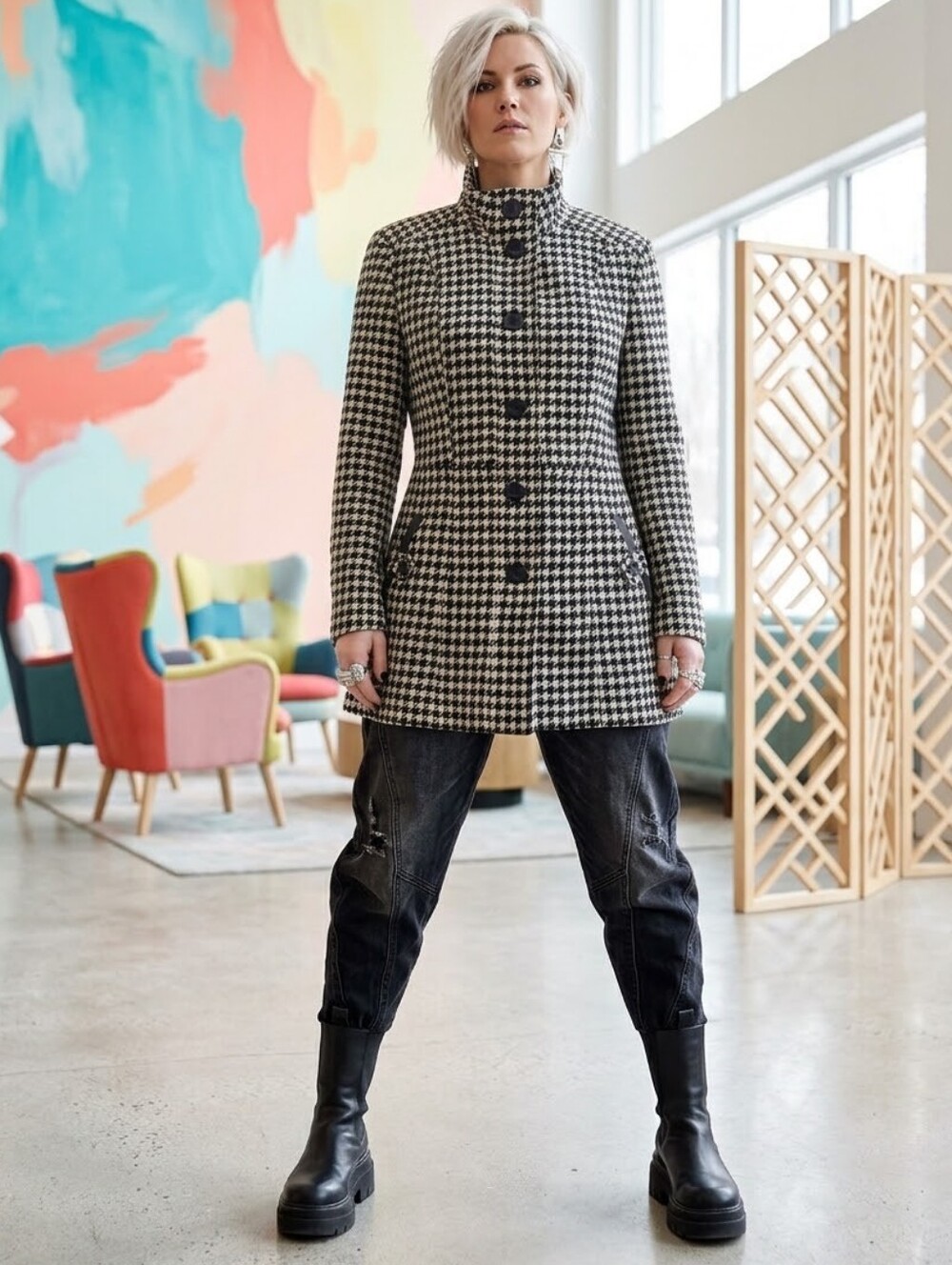 cleo🤍CLASSIC Black & White Houndstooth Pea Coat WOOL BLEND Side Pockets Sz 10